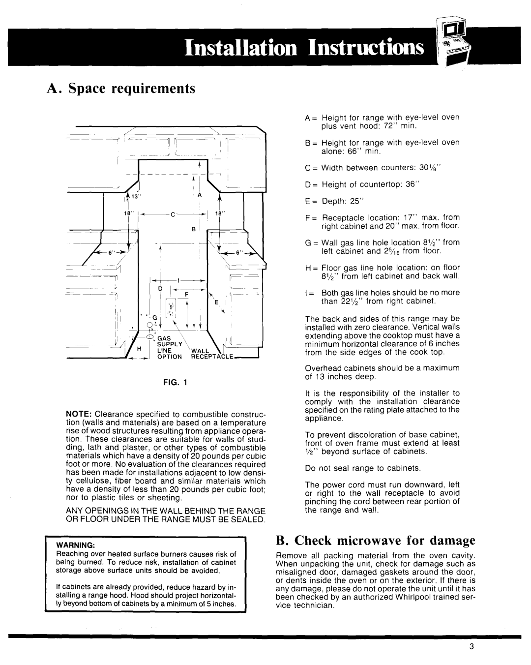 Whirlpool Microwave Oven manual A. Space requirements, B. Check microwave for damage 