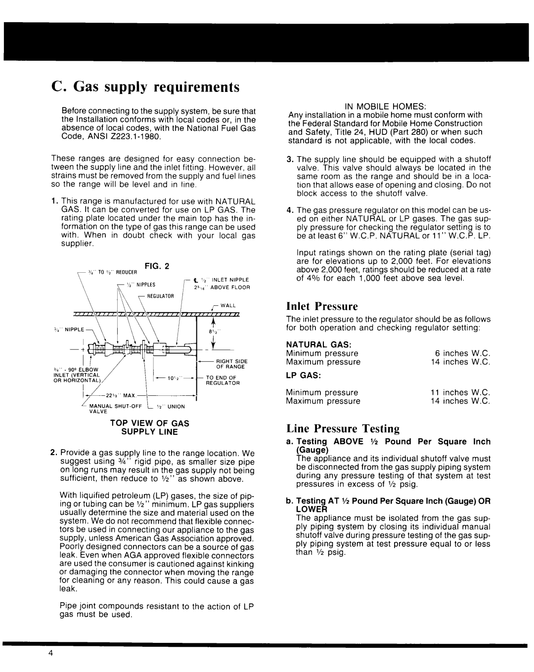 Whirlpool Microwave Oven manual C. Gas supply requirements, 81/Z”, Inlet Pressure, Line Pressure Testing 