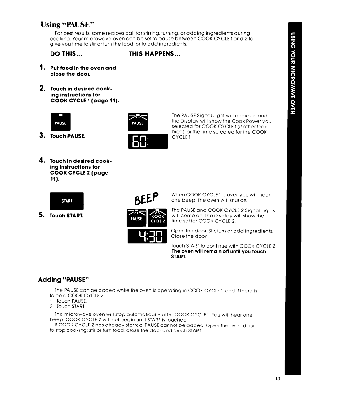 Whirlpool MIcrowave Ovens manual Using Pause, Adding Pause, Start 