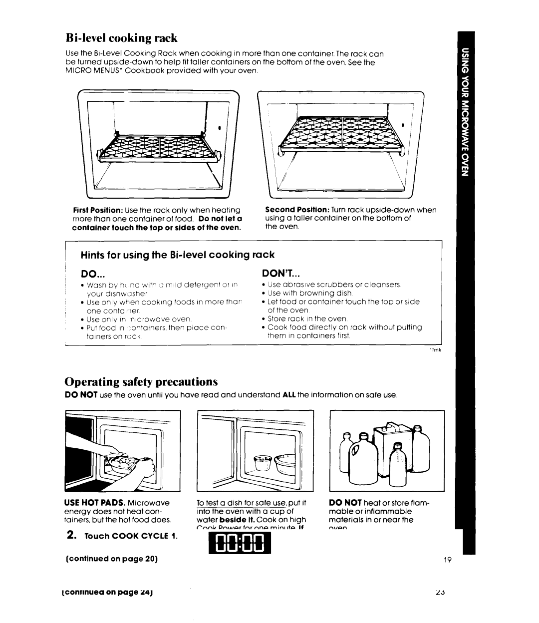 Whirlpool MIcrowave Ovens manual Operating safety precautions, Hints for using the Bi-level cooking rack, Don’T 