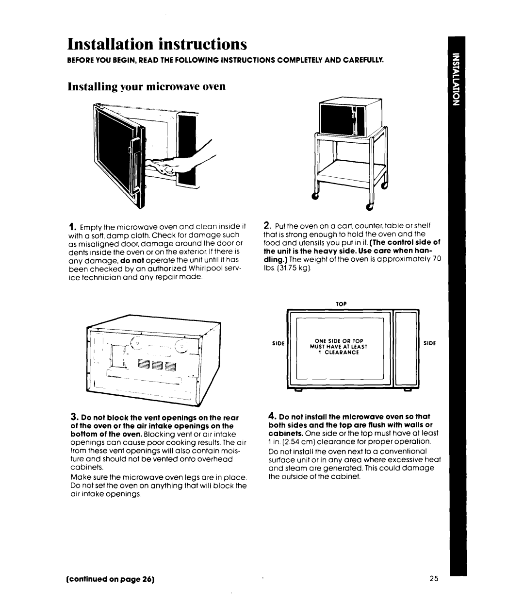 Whirlpool MIcrowave Ovens manual Installation instructions, Installing your microwave oven 