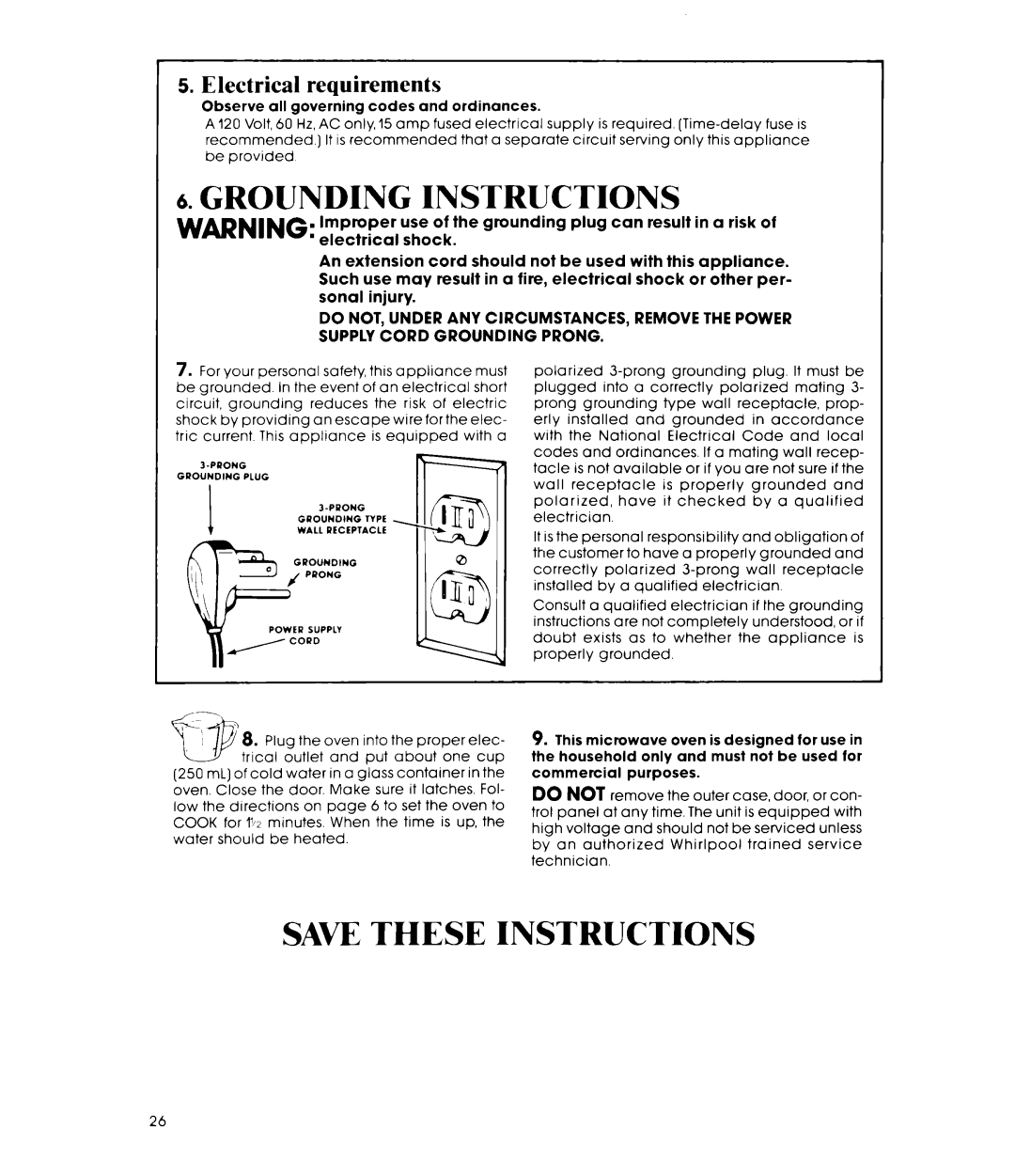 Whirlpool MIcrowave Ovens manual Instructions, Electrical requirements 