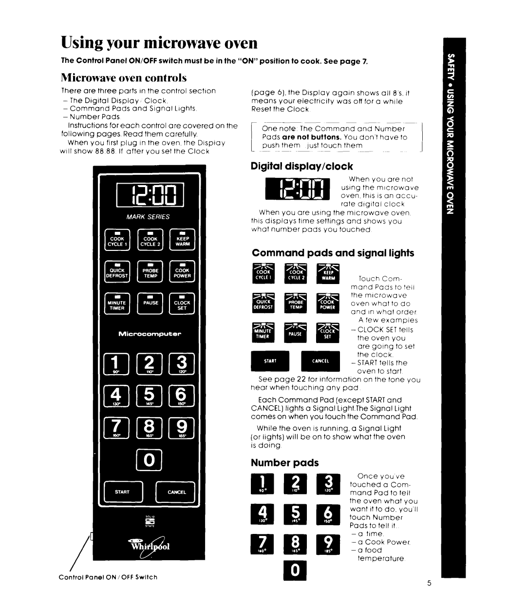 Whirlpool MIcrowave Ovens manual Using your microwave oven, Microwave oven controls, Digital Display/clock, Number pads 