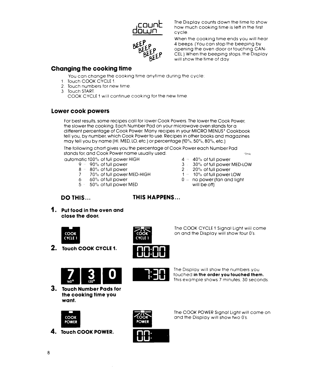 Whirlpool MIcrowave Ovens manual @tP, Changing the cooking time, Lower cook powers, Count, Touch Cook Power 