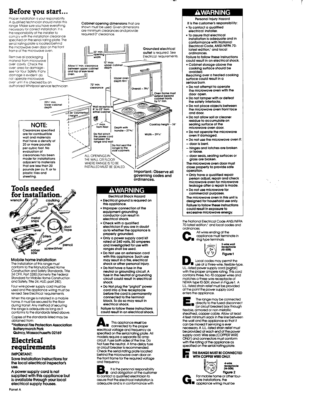 Whirlpool Microwave Range Mobile home installation, Important Observe all crovernina codes and ordinanck 