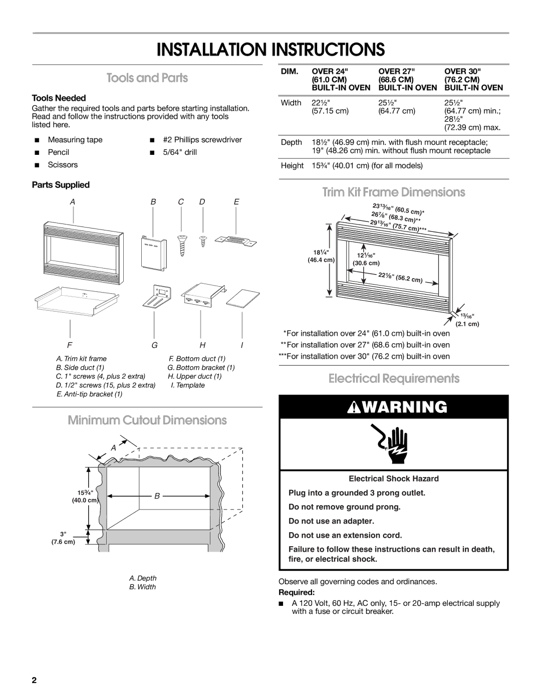 Whirlpool MK1154XV Installation Instructions, Tools and Parts, Minimum Cutout Dimensions, Trim Kit Frame Dimensions 