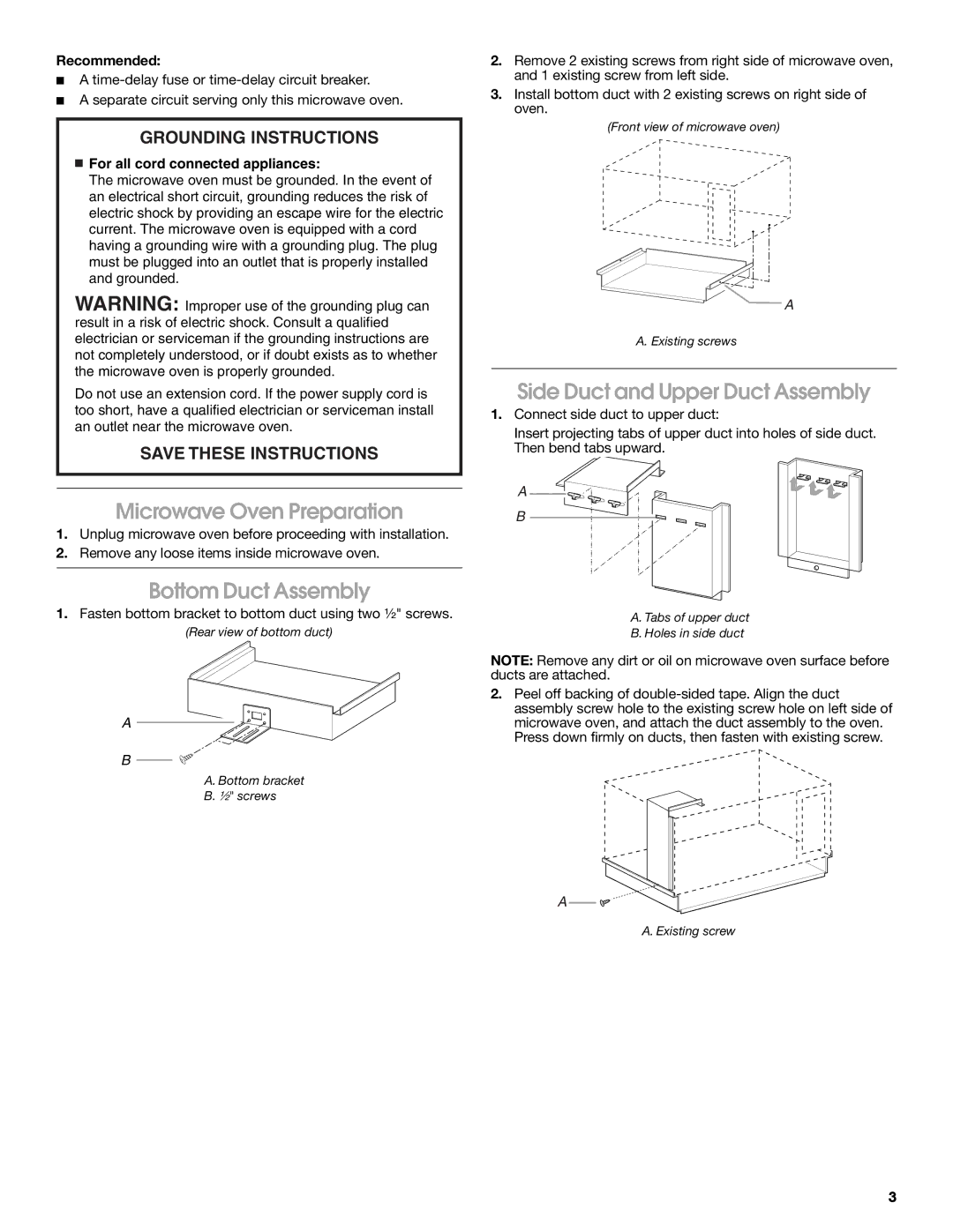 Whirlpool MK1157XV Microwave Oven Preparation, Bottom Duct Assembly, Side Duct and Upper Duct Assembly, Recommended 