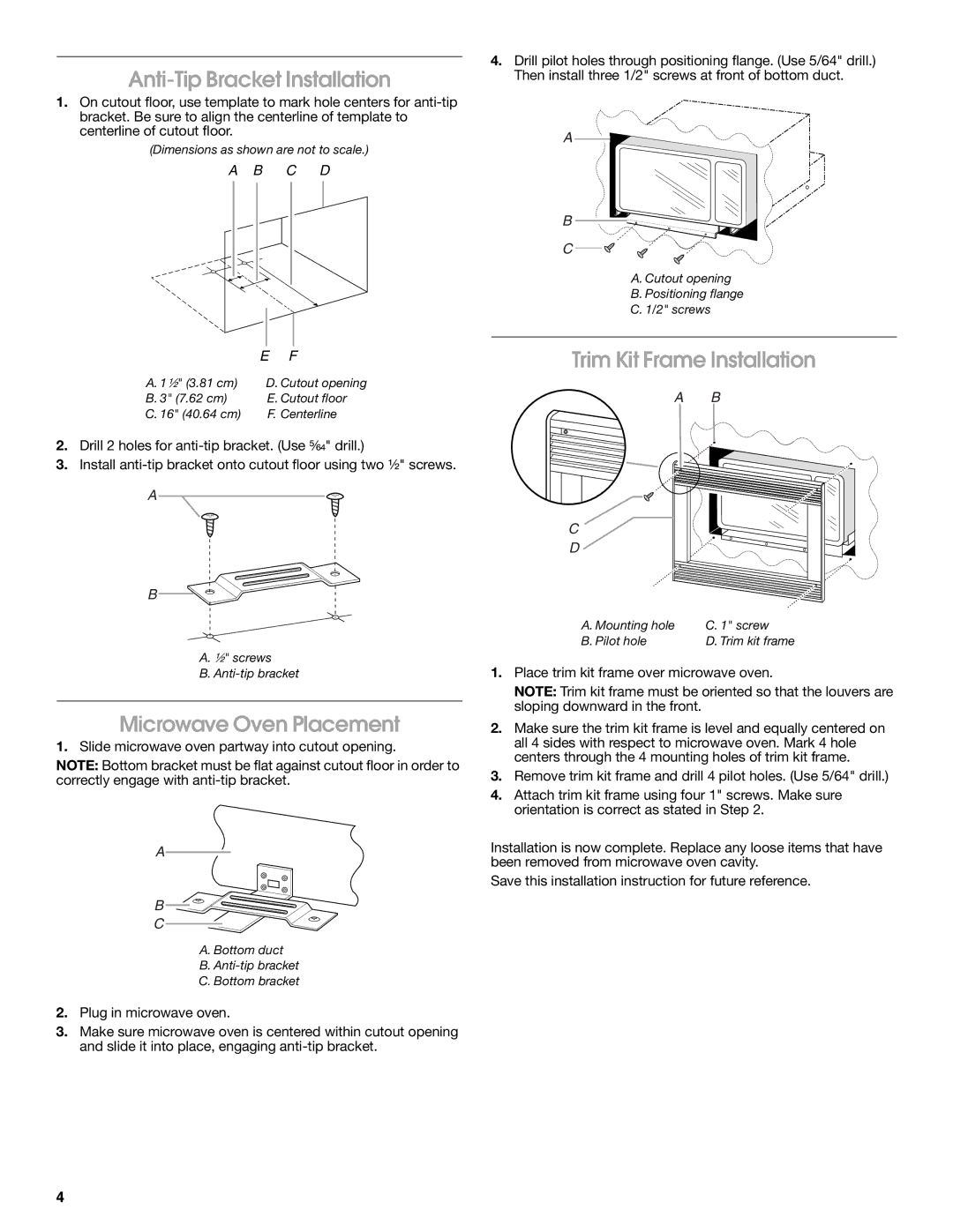 Whirlpool MK1154XV, MK1157XV Anti-Tip Bracket Installation, Microwave Oven Placement, Trim Kit Frame Installation 