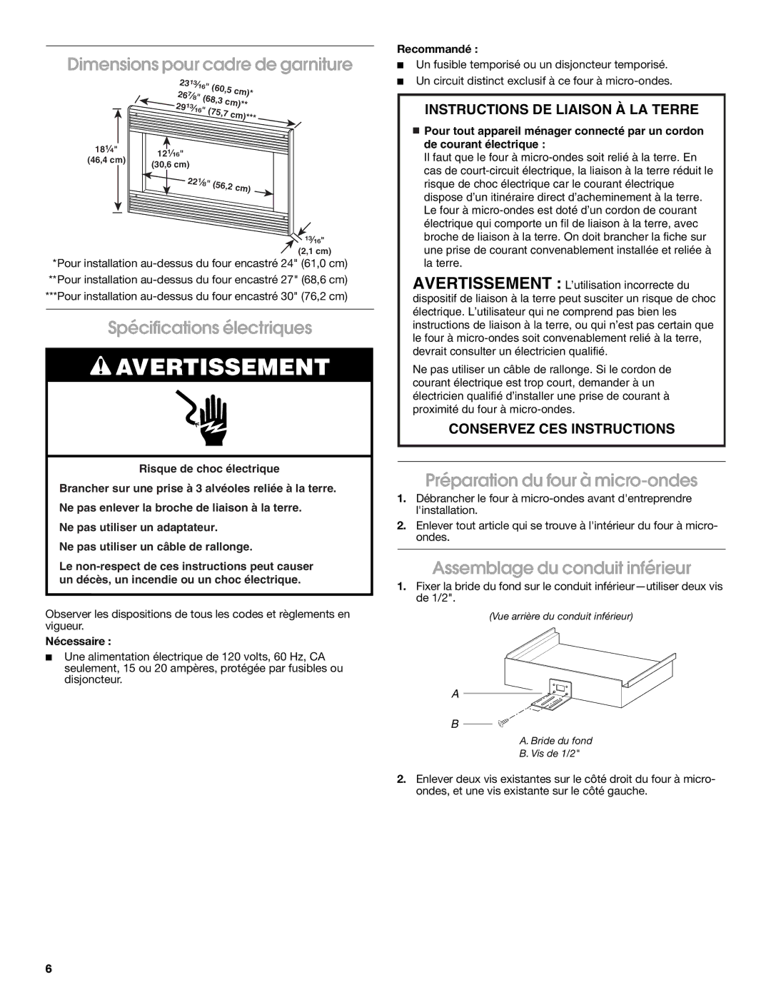 Whirlpool MK1154XV Dimensions pour cadre de garniture, Spécifications électriques, Préparation du four à micro-ondes 