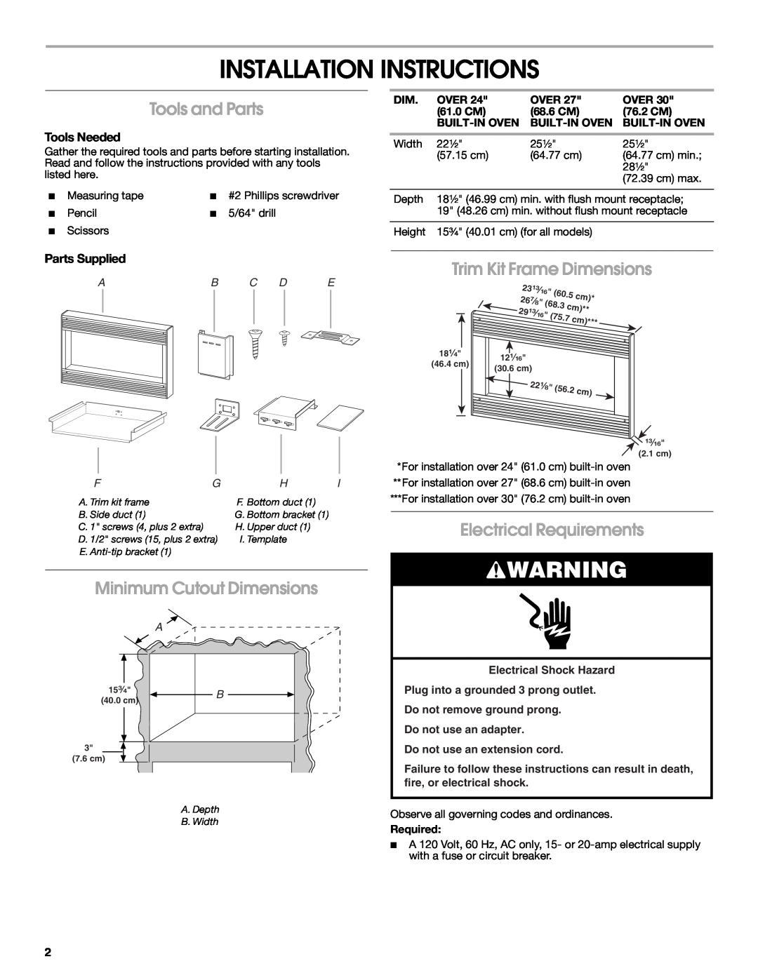 Whirlpool MK1154XV Installation Instructions, Tools and Parts, Minimum Cutout Dimensions, Trim Kit Frame Dimensions 
