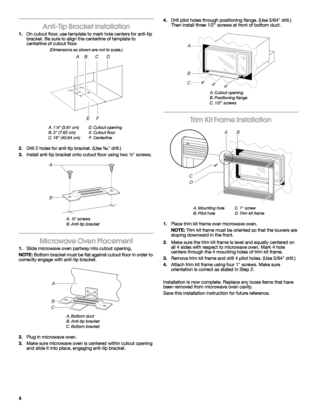 Whirlpool MK1154XV, MK1157XV Anti-Tip Bracket Installation, Microwave Oven Placement, Trim Kit Frame Installation, A B C D 