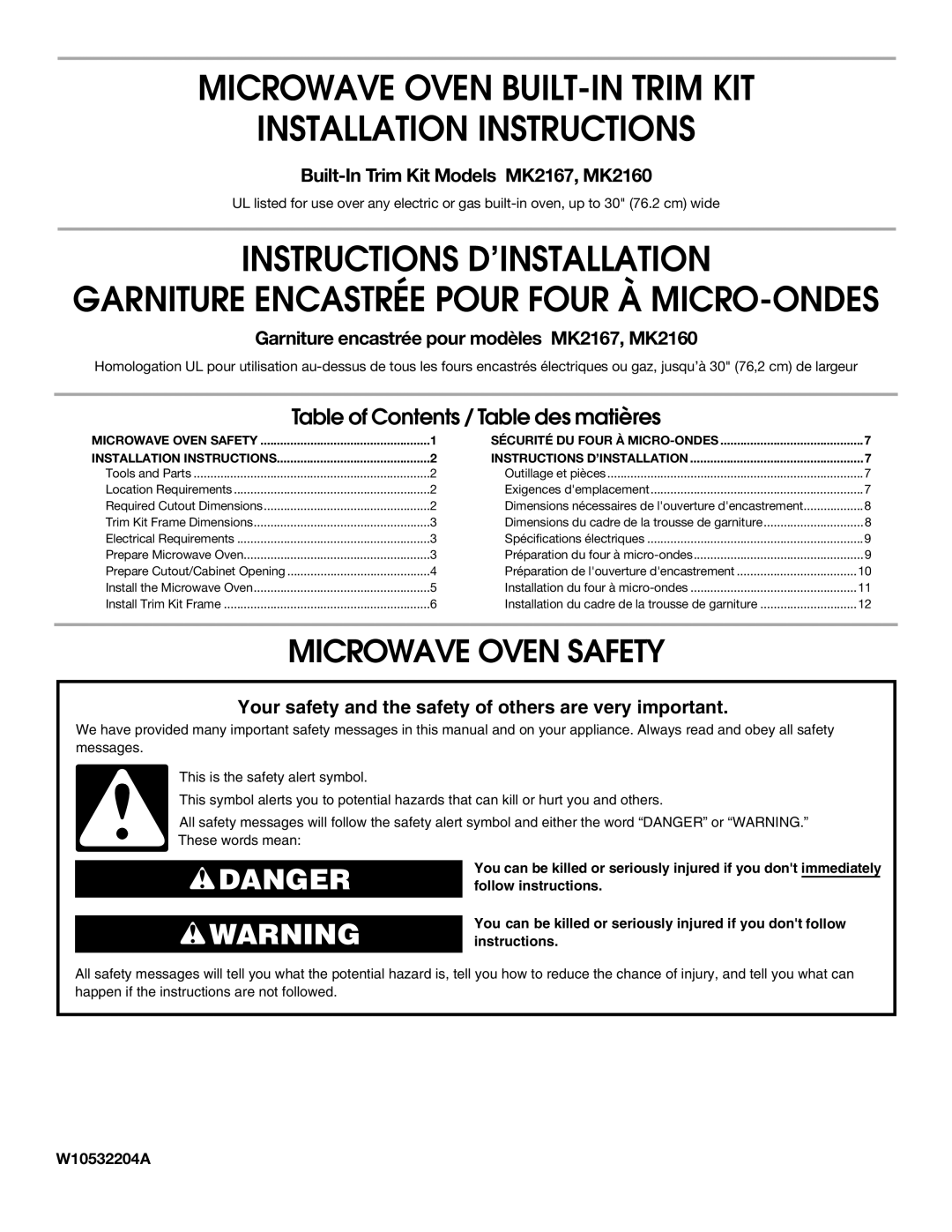 Whirlpool MK2167 installation instructions Garniture Encastrée Pour Four À MICRO-ONDES, Microwave Oven Safety 