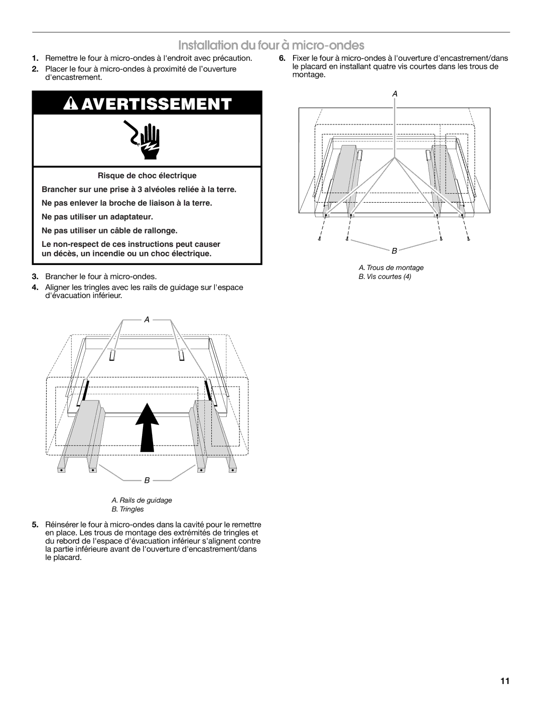 Whirlpool MK2167 installation instructions Installation du four à micro-ondes 