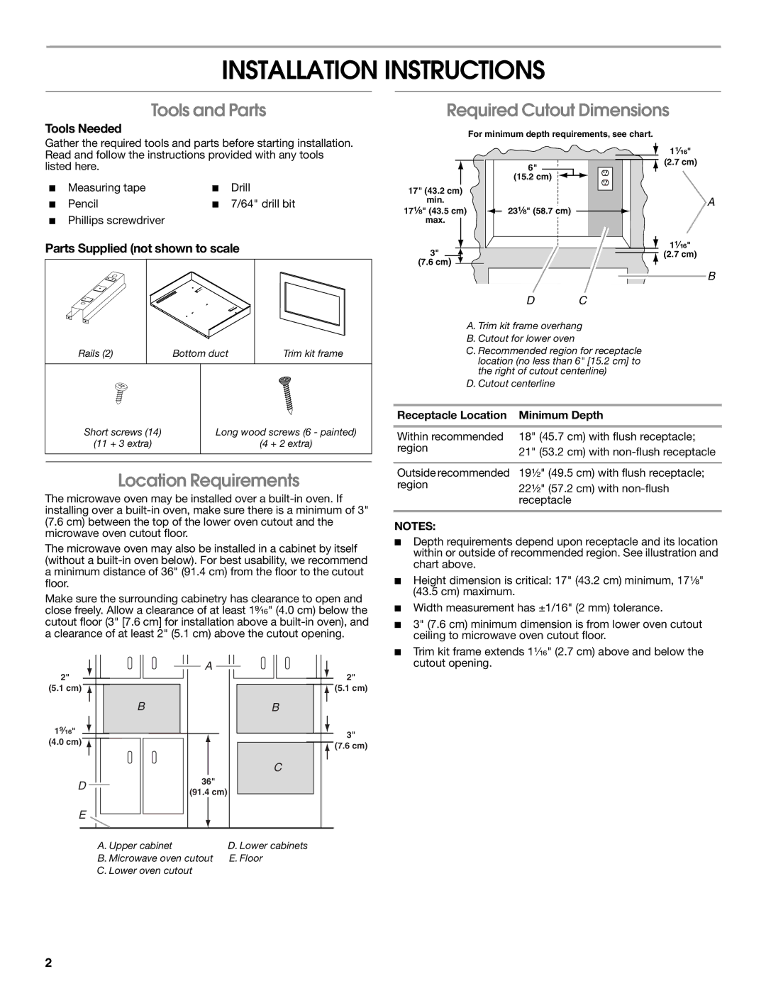 Whirlpool MK2167 Installation Instructions, Tools and Parts, Required Cutout Dimensions, Location Requirements 