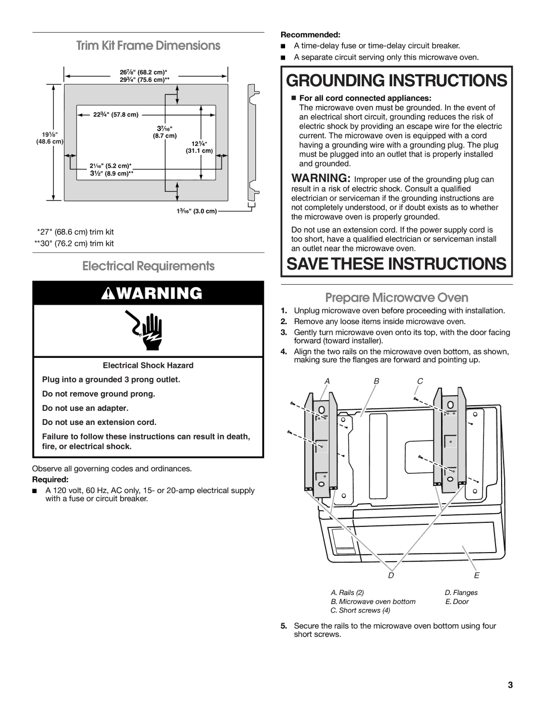 Whirlpool MK2167 Trim Kit Frame Dimensions, Electrical Requirements, Prepare Microwave Oven, Required, Recommended 