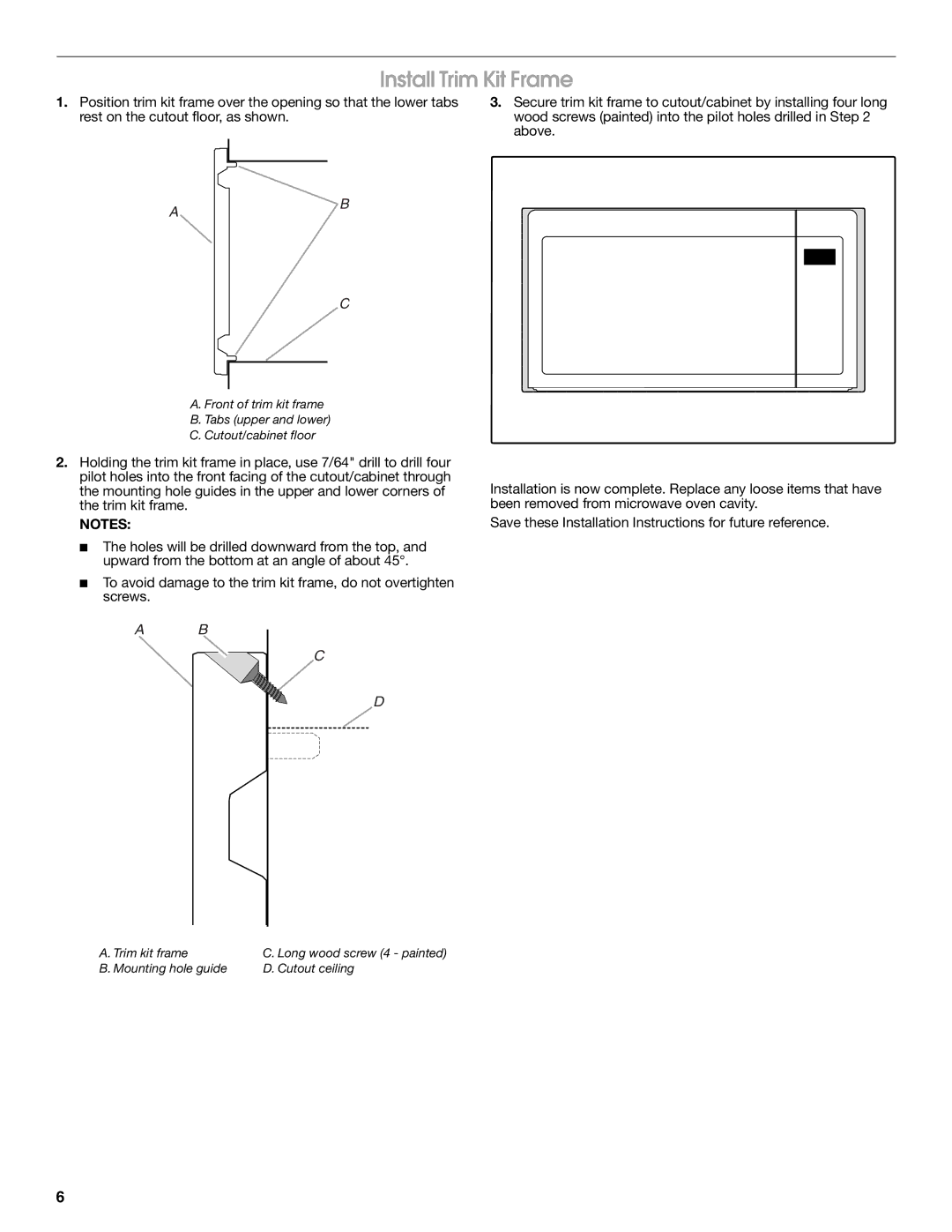 Whirlpool MK2167 installation instructions Install Trim Kit Frame 