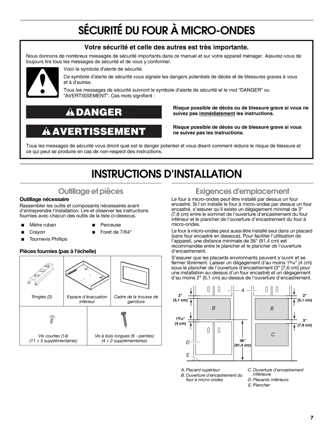 Whirlpool MK2167 Sécurité DU Four À MICRO-ONDES, Instructions D’INSTALLATION, Outillage et pièces, Exigences demplacement 