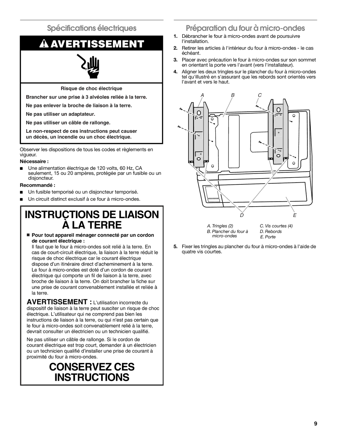 Whirlpool MK2167 Spécifications électriques, Préparation du four à micro-ondes, Nécessaire, Recommandé 