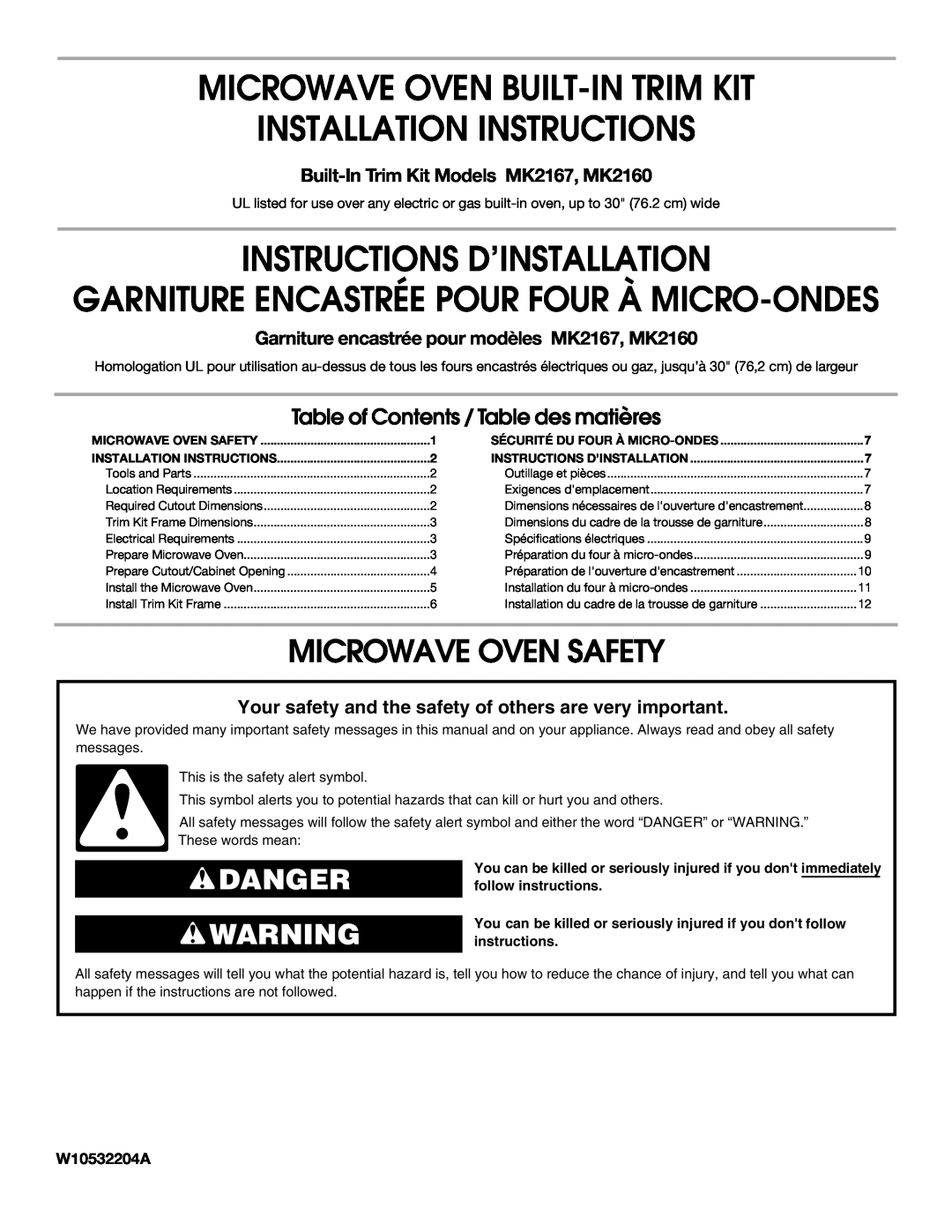 Whirlpool MK2167 installation instructions Garniture Encastrée Pour Four À Micro-Ondes, Microwave Oven Safety, Danger 