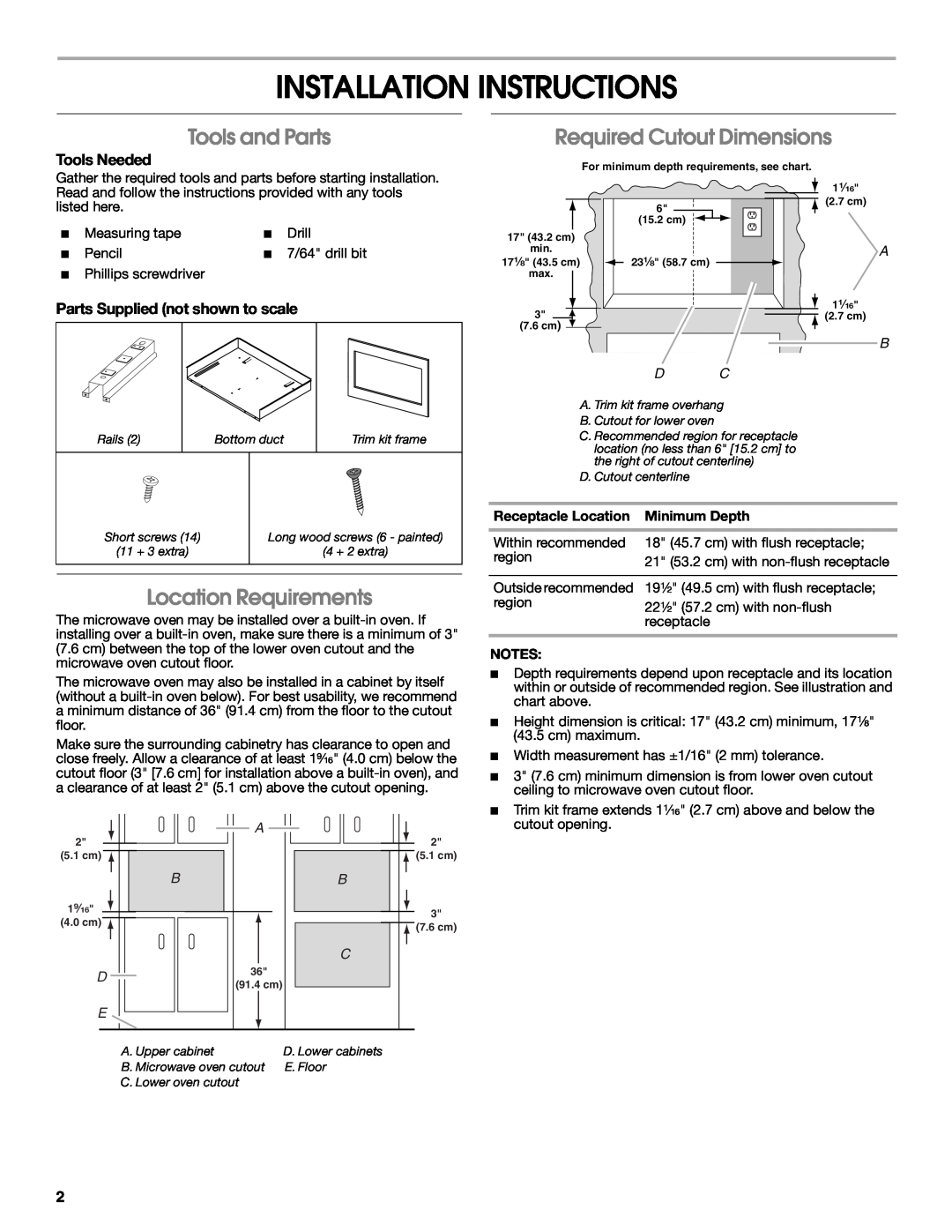Whirlpool MK2167 Installation Instructions, Tools and Parts, Required Cutout Dimensions, Location Requirements 