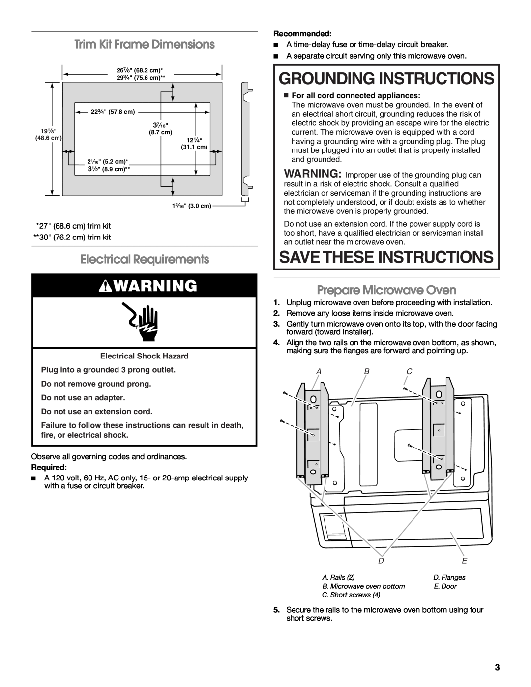 Whirlpool MK2167 Grounding Instructions, Savethese Instructions, Trim Kit Frame Dimensions, Electrical Requirements, Ab C 