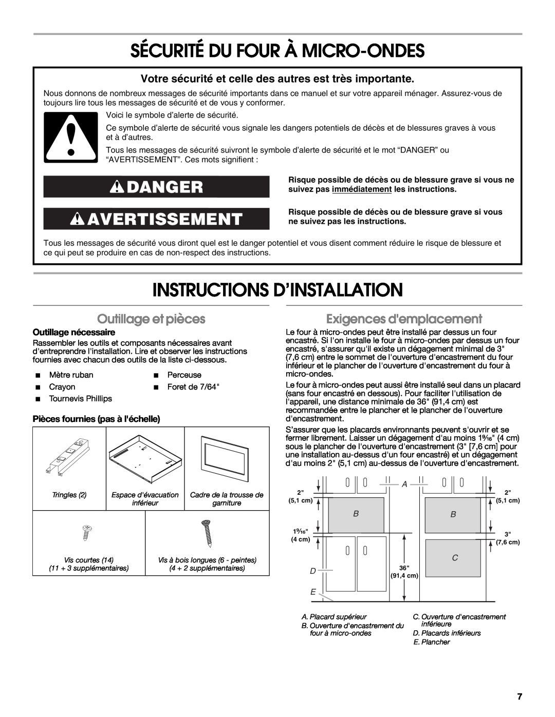 Whirlpool MK2167 Sécurité Du Four À Micro-Ondes, Instructions D’Installation, Danger Avertissement, Outillage et pièces 
