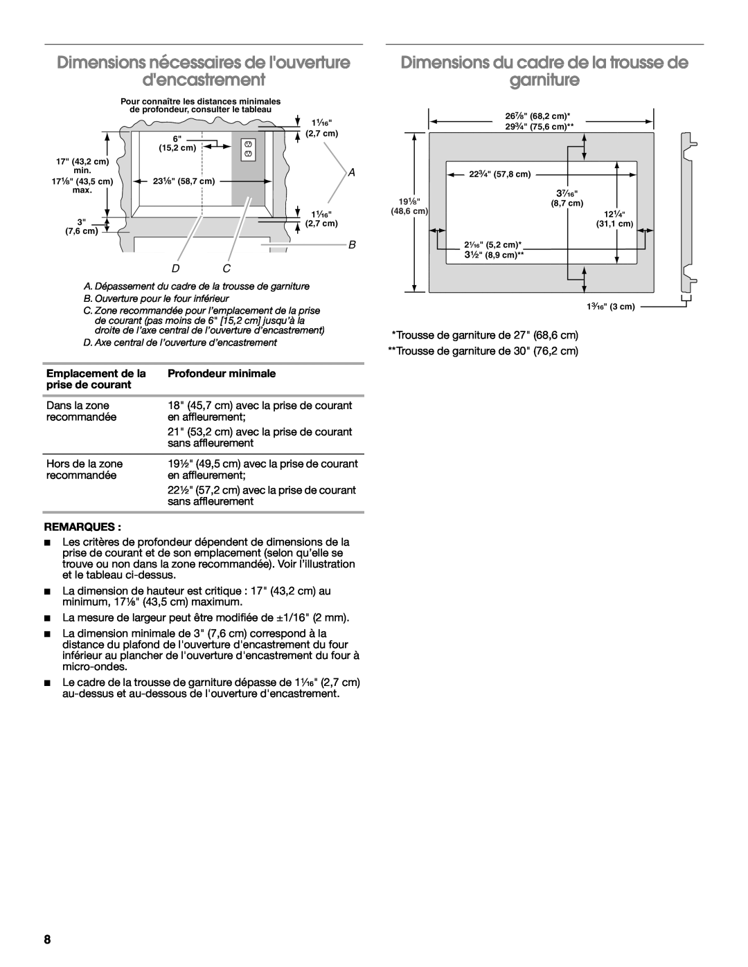Whirlpool MK2167 Dimensions nécessaires de louverture dencastrement, Dimensions du cadre de la trousse de garniture, B D C 