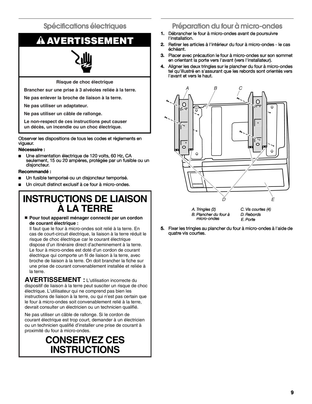 Whirlpool MK2167 Instructions De Liaison À La Terre, Conservez Ces Instructions, Avertissement, Spécifications électriques 