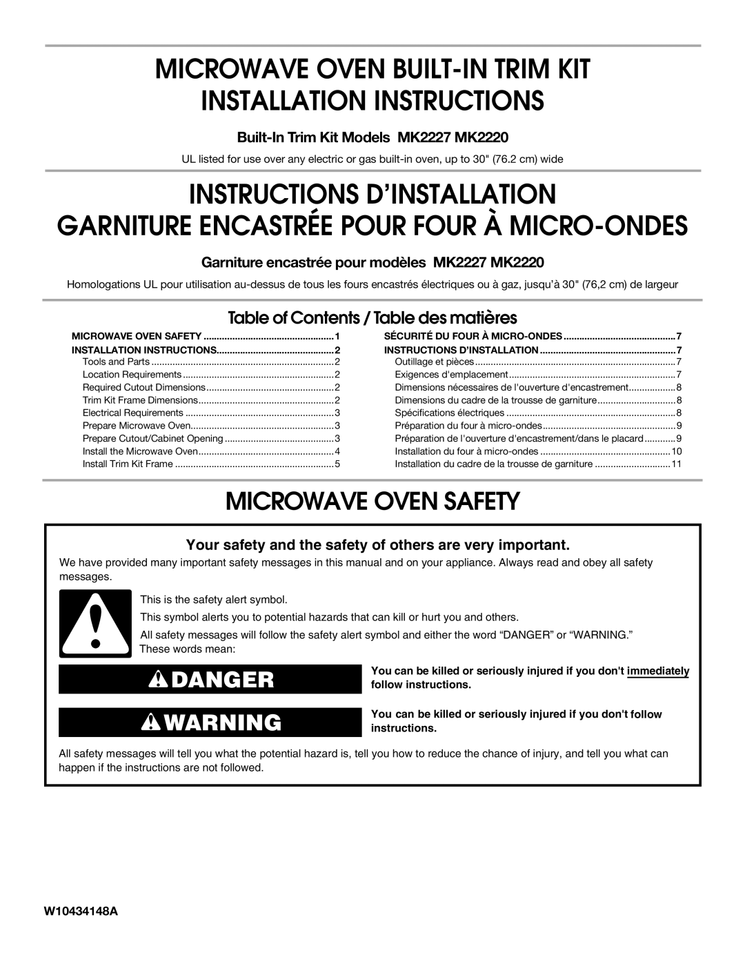 Whirlpool MK2227, MK2220 installation instructions Garniture Encastrée Pour Four À MICRO-ONDES, Microwave Oven Safety 