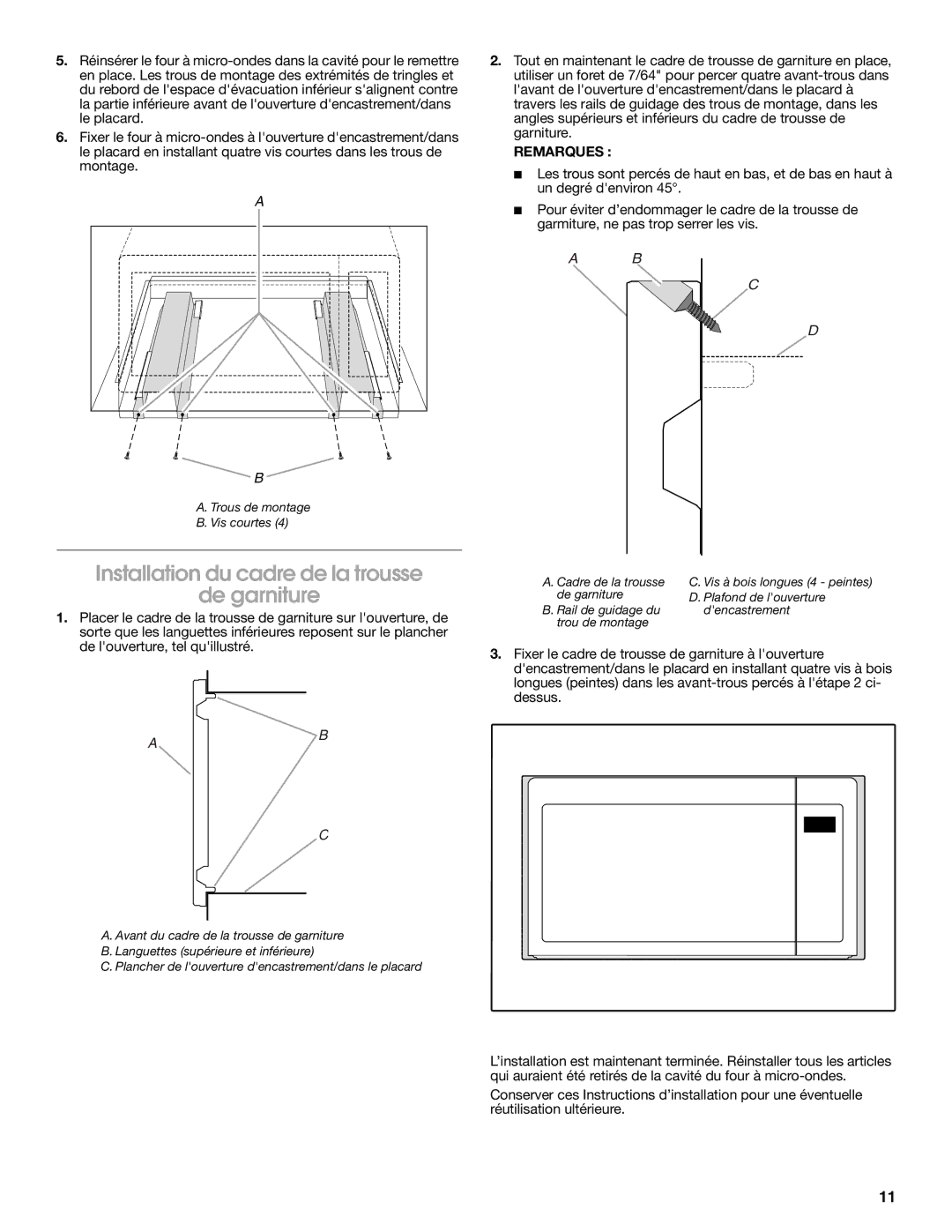 Whirlpool MK2227, MK2220 installation instructions Installation du cadre de la trousse De garniture 