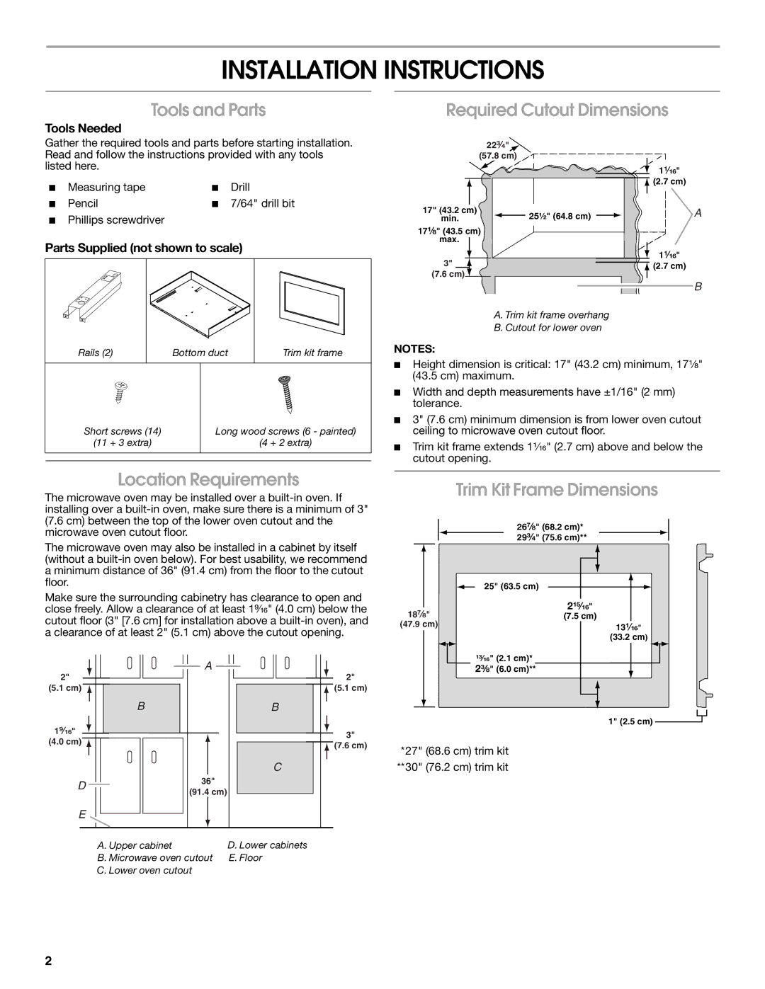 Whirlpool MK2220, MK2227 Installation Instructions, Tools and Parts, Location Requirements, Required Cutout Dimensions 