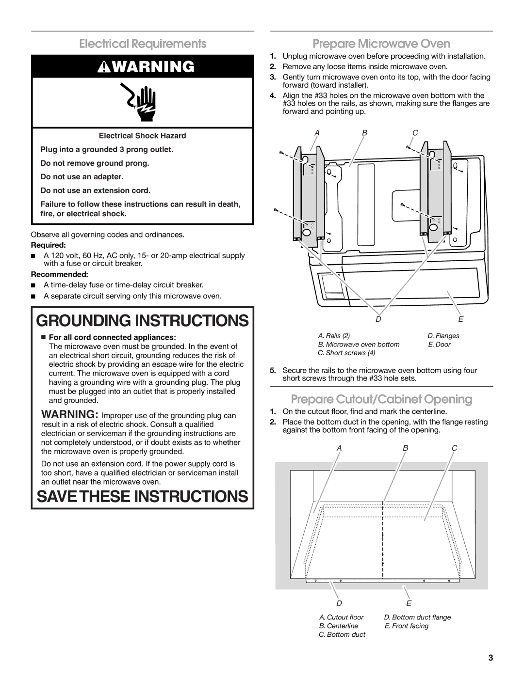 Whirlpool MK2227, MK2220 Electrical Requirements, Prepare Microwave Oven, Prepare Cutout/Cabinet Opening 