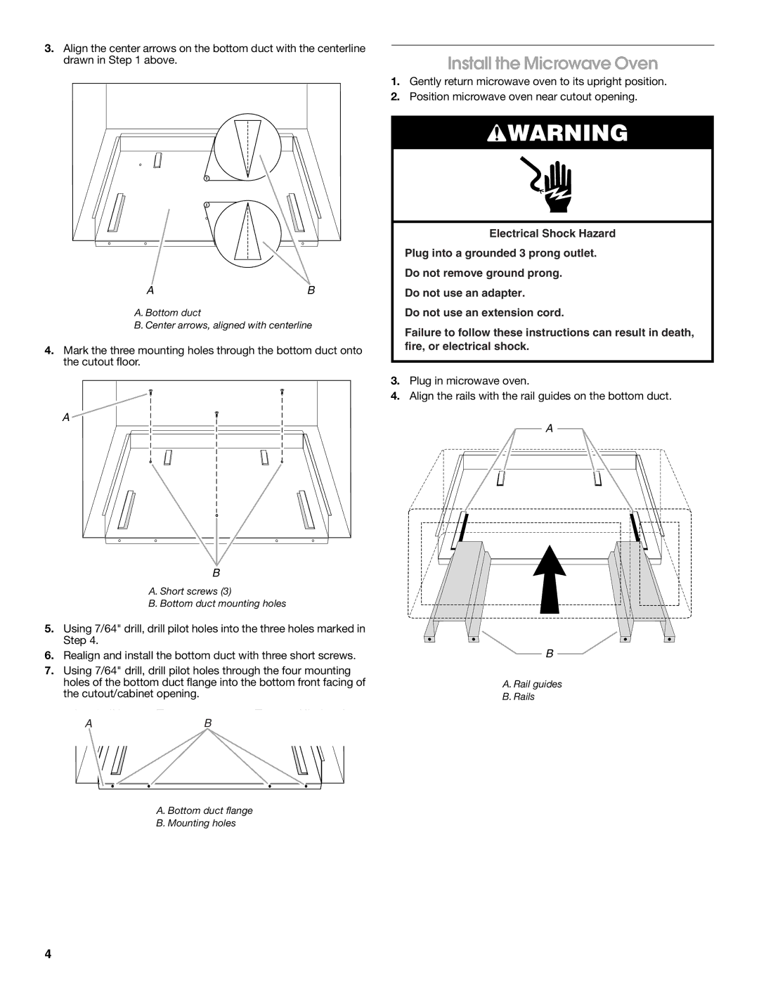 Whirlpool MK2220, MK2227 Install the Microwave Oven, Rail guides Rails Bottom duct flange B. Mounting holes 