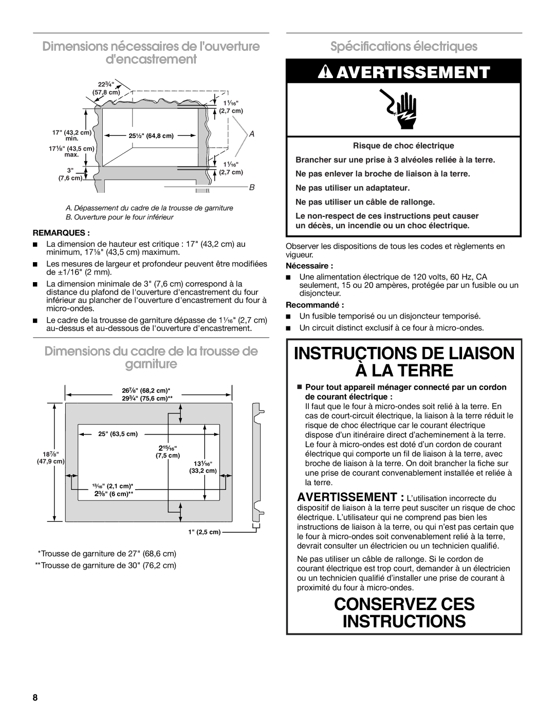 Whirlpool MK2220, MK2227 Dimensions nécessaires de louverture Dencastrement, Spécifications électriques 