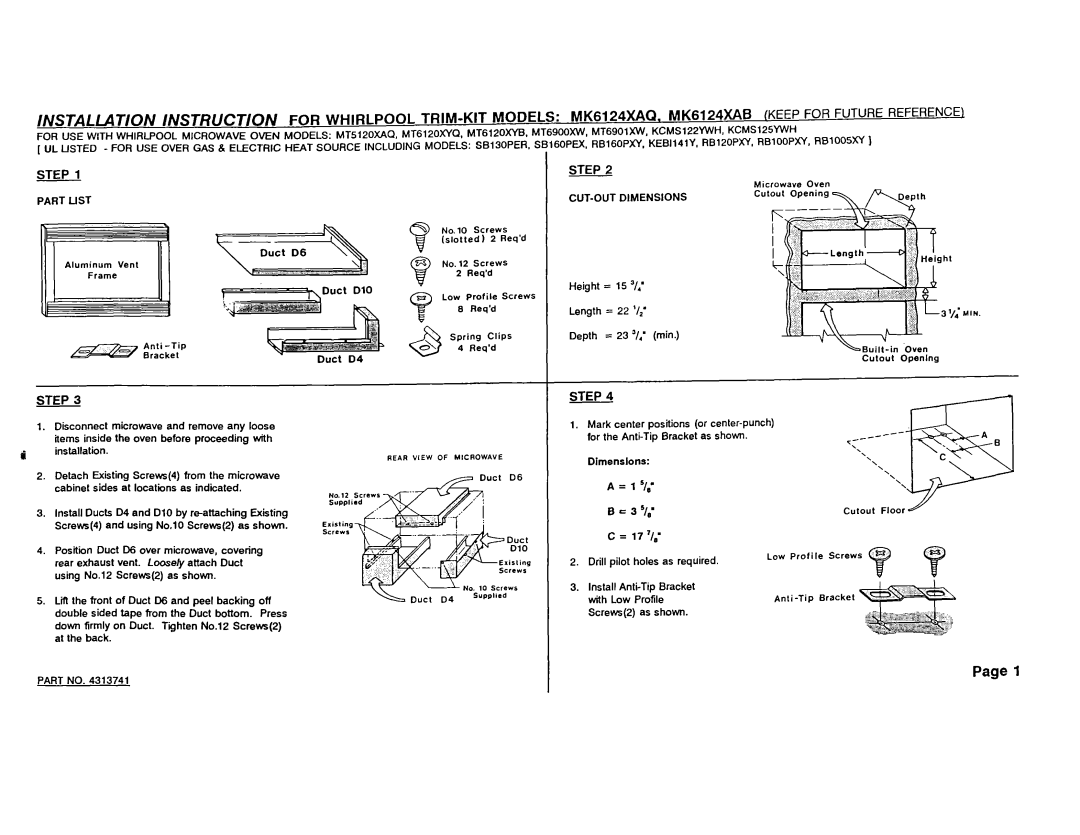 Whirlpool MK6124XAQ, MK6124XAB dimensions Step, Part List, CUT-OUT Dimensions 