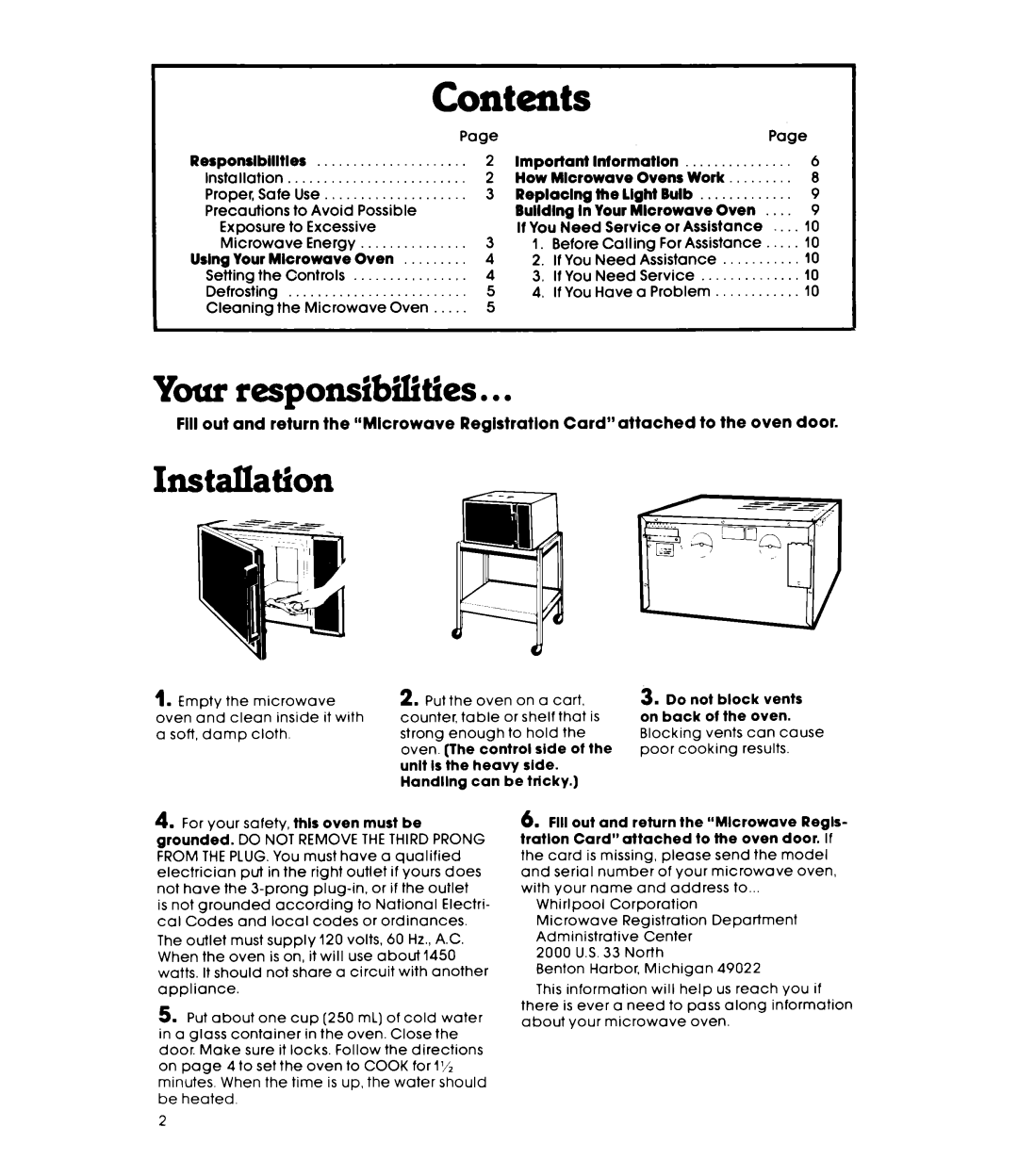 Whirlpool Mk8100W warranty Contents 