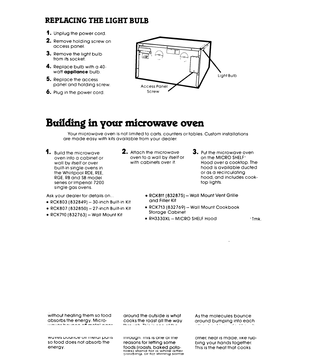 Whirlpool Mk8100W warranty Building in your miaowave oven, Replacing the Light Bulb 