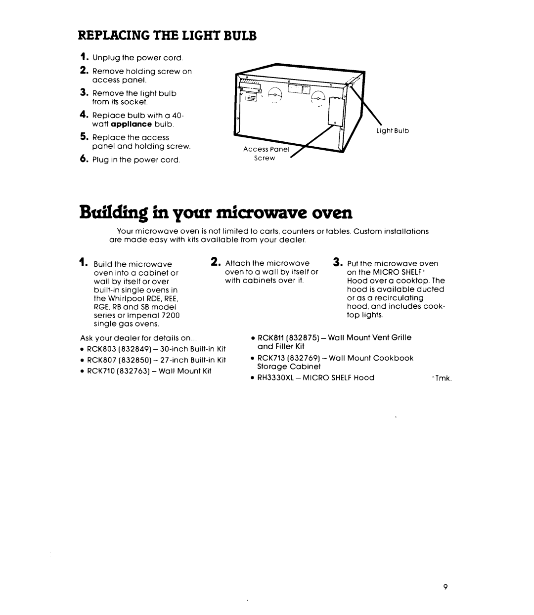 Whirlpool Mk8100W warranty Building in your miaowave oven, Replacing The Light Bulb 