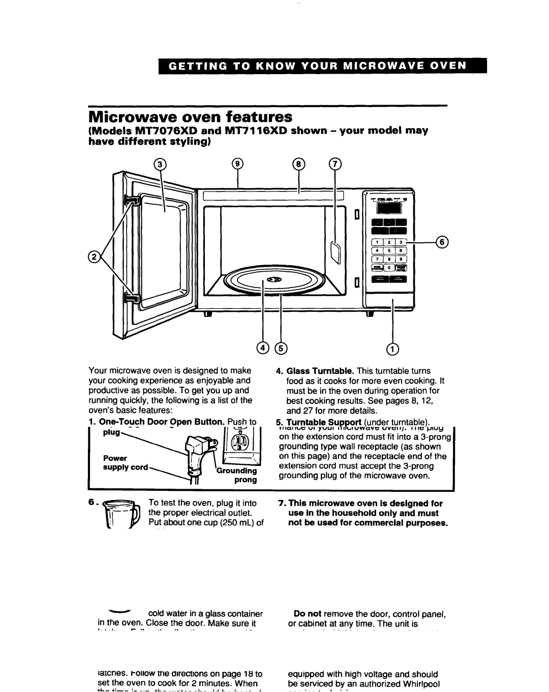 Whirlpool MT7076XD, Ml7078XD Microwave oven features, Cooking Guide Label Model and Serial Number Plate on back 