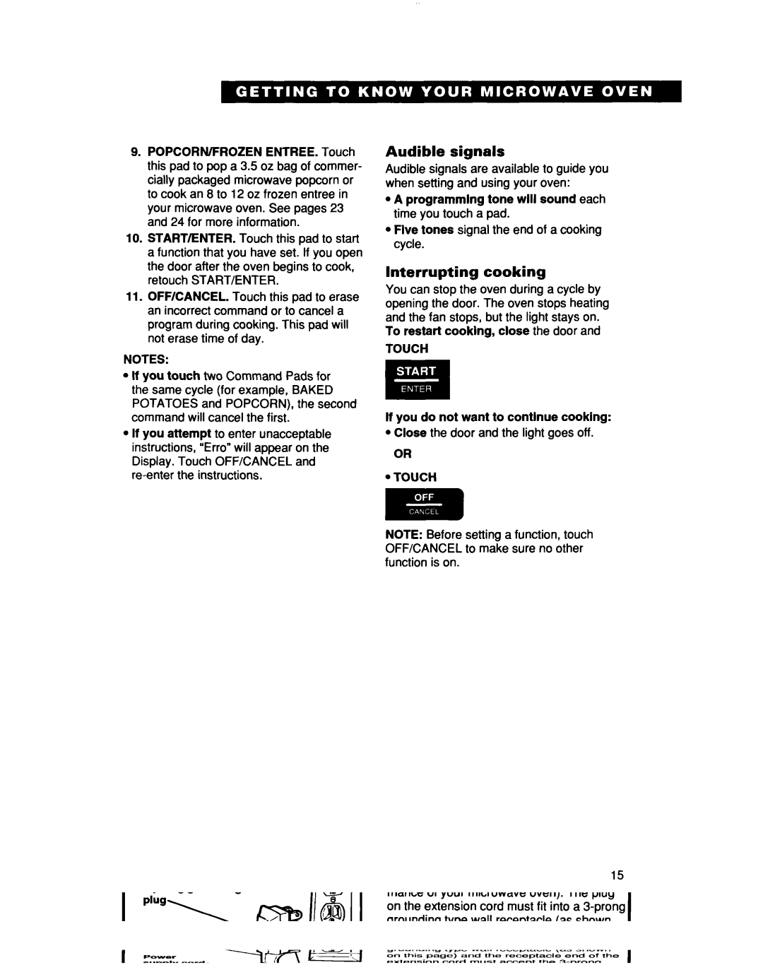 Whirlpool MT7076XD, Ml7078XD installation instructions Audible signals, Interrupting cooking, Touch 