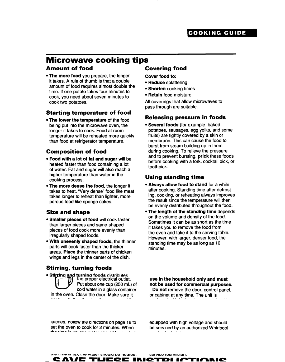 Whirlpool MT7076XD, Ml7078XD installation instructions Microwave cooking tips 