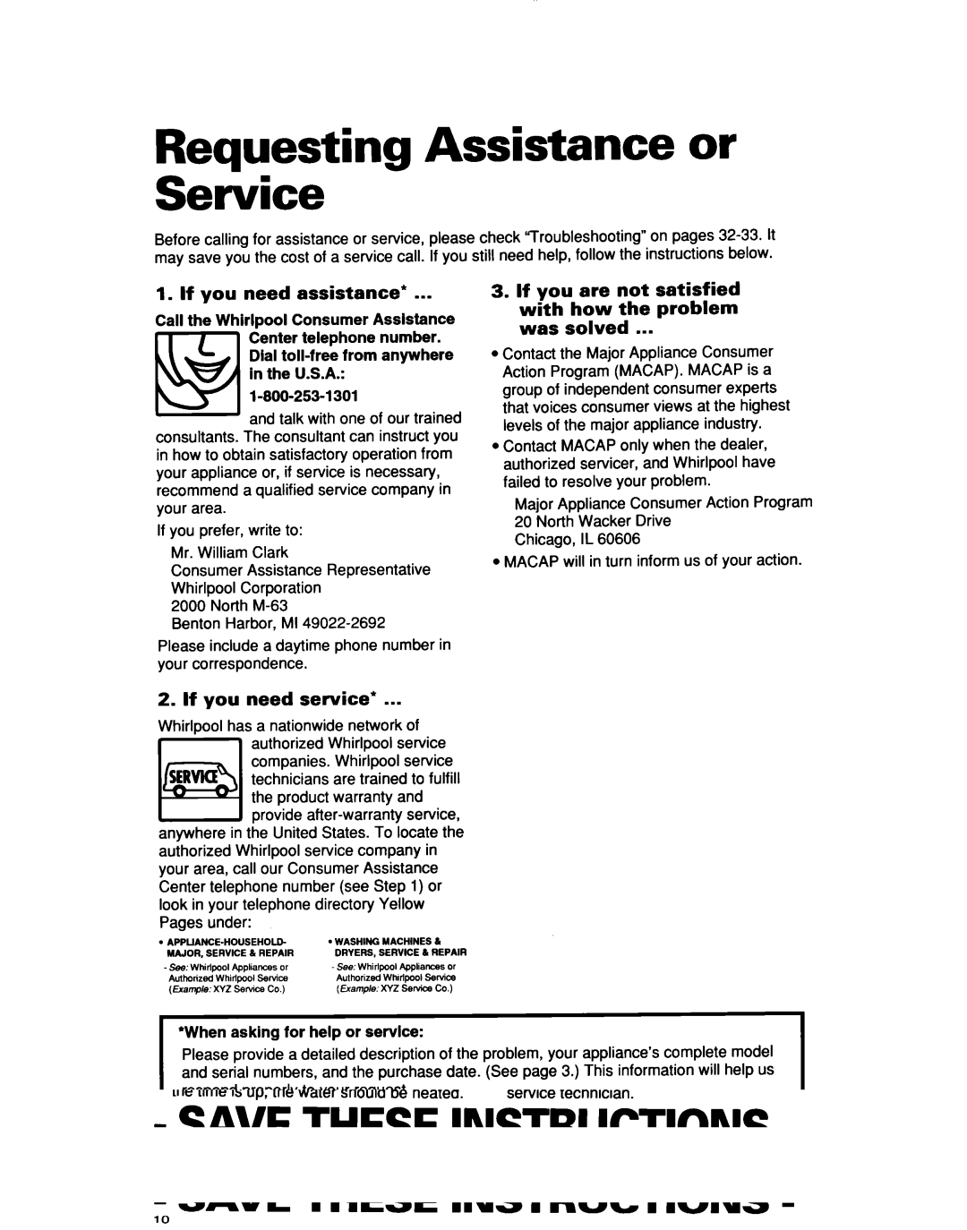 Whirlpool Ml7078XD, MT7076XD Requesting Assistance or Service, If you need assistance, If you need service 