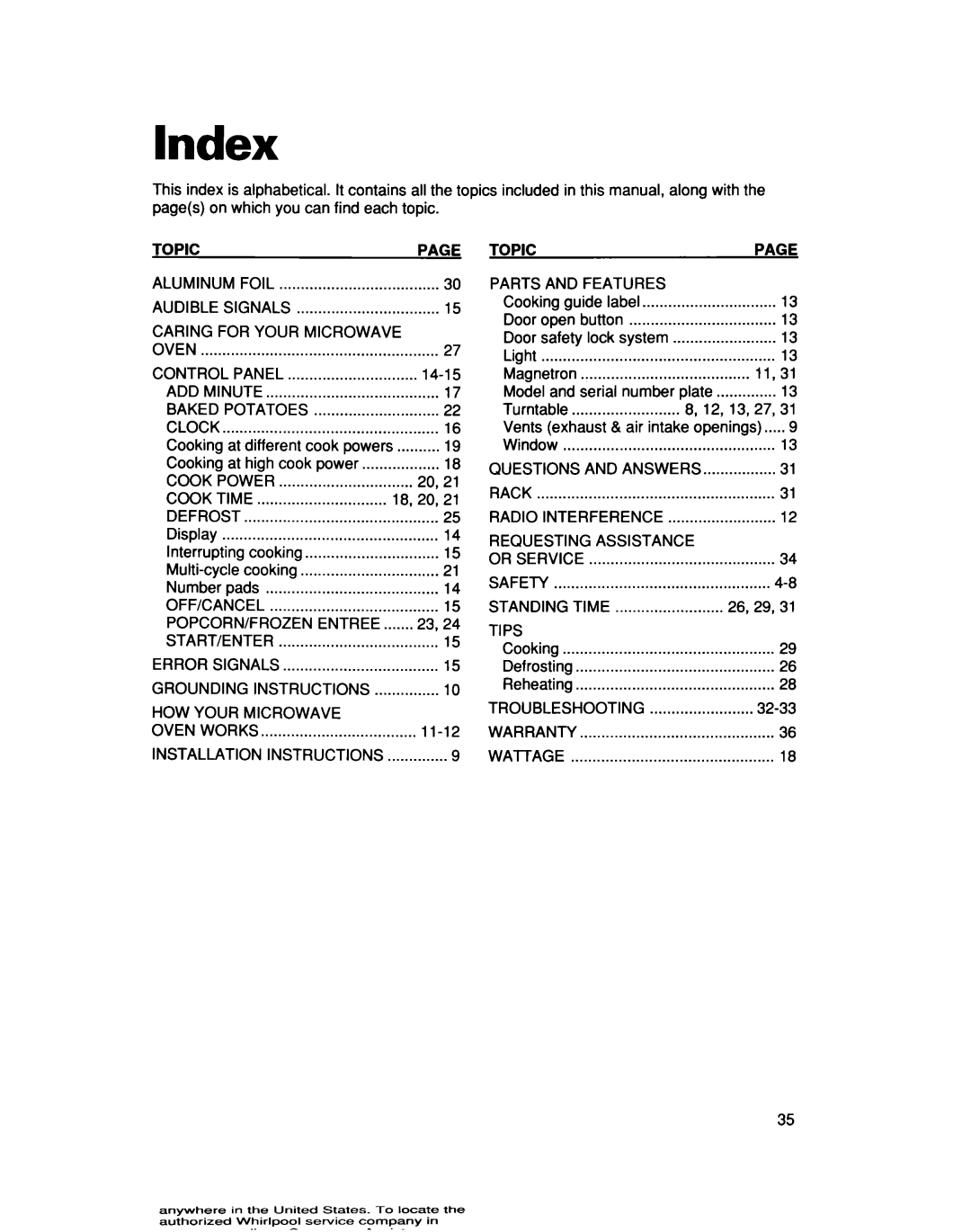 Whirlpool MT7076XD, Ml7078XD installation instructions Index 