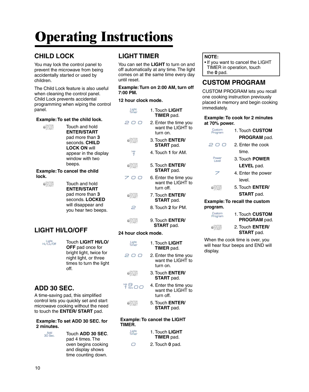 Whirlpool MMV4205BA important safety instructions Child Lock, Light HI/LO/OFF, ADD 30 SEC, Light Timer, Custom Program 