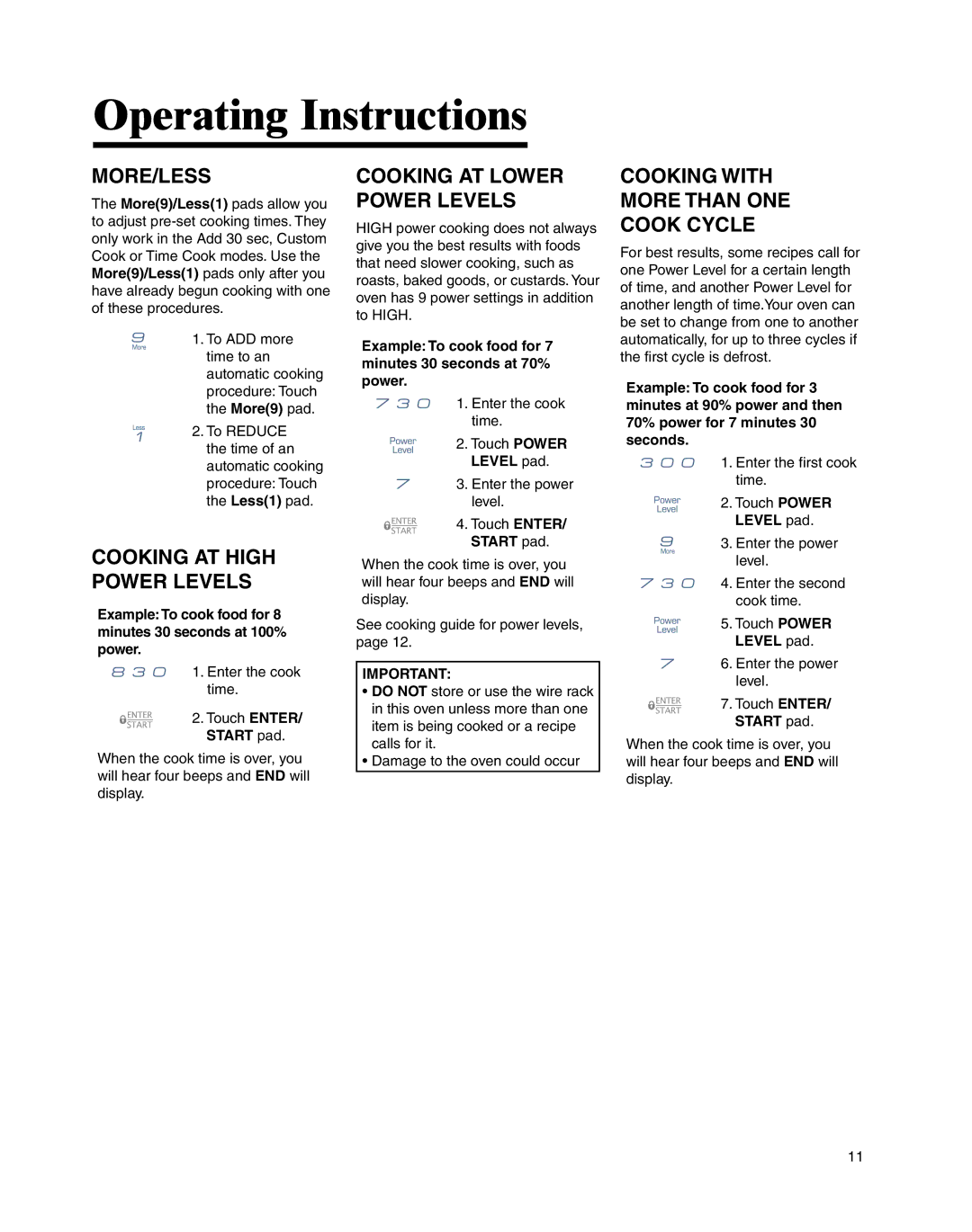 Whirlpool MMV4205BA important safety instructions More/Less, Cooking AT High Power Levels, Cooking AT Lower Power Levels 