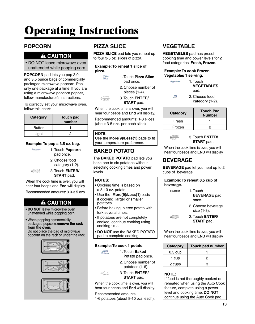 Whirlpool MMV4205BA important safety instructions Popcorn, Pizza Slice, Baked Potato, Vegetable, Beverage 