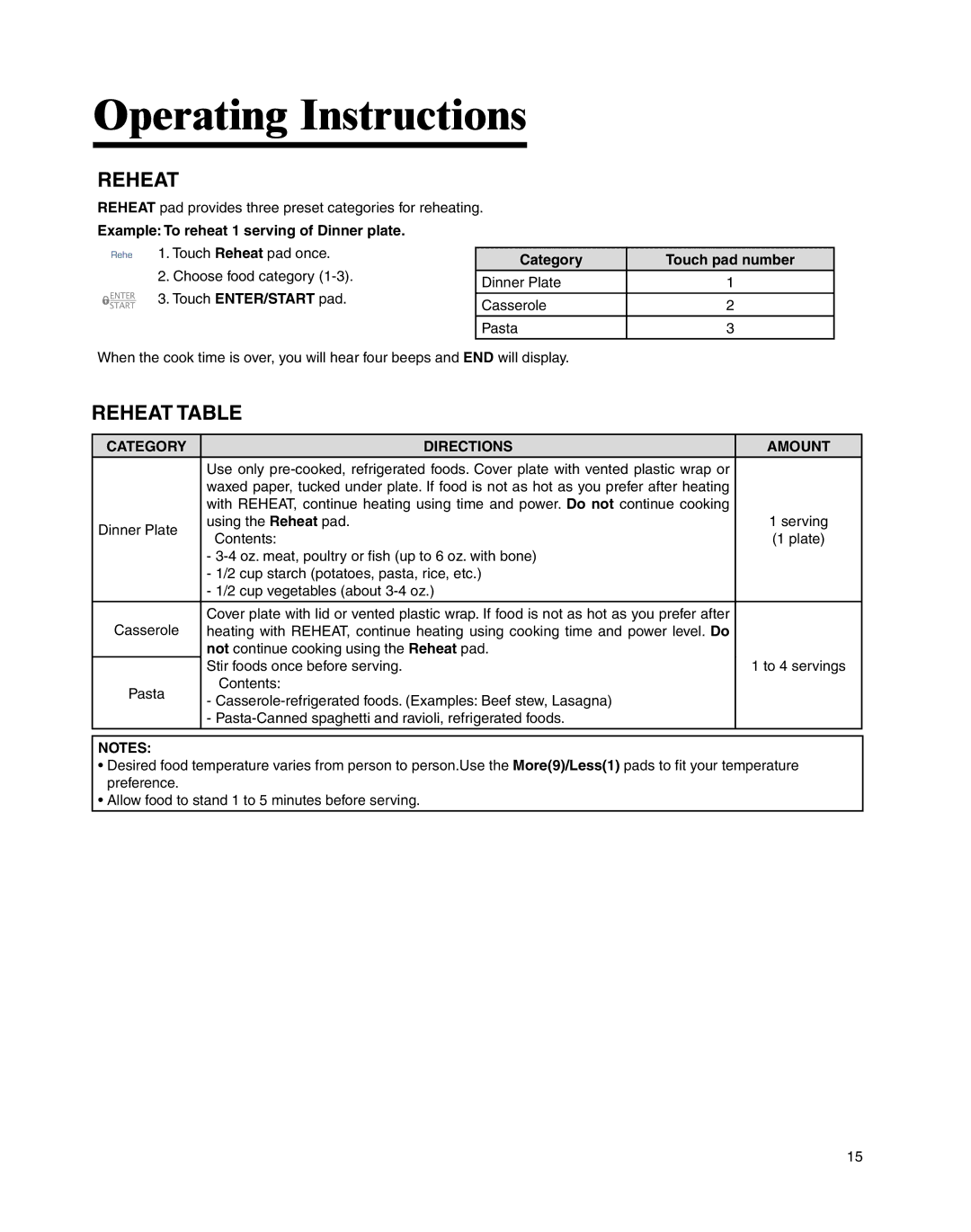 Whirlpool MMV4205BA Reheat Table, Example To reheat 1 serving of Dinner plate, Category Directions Amount 