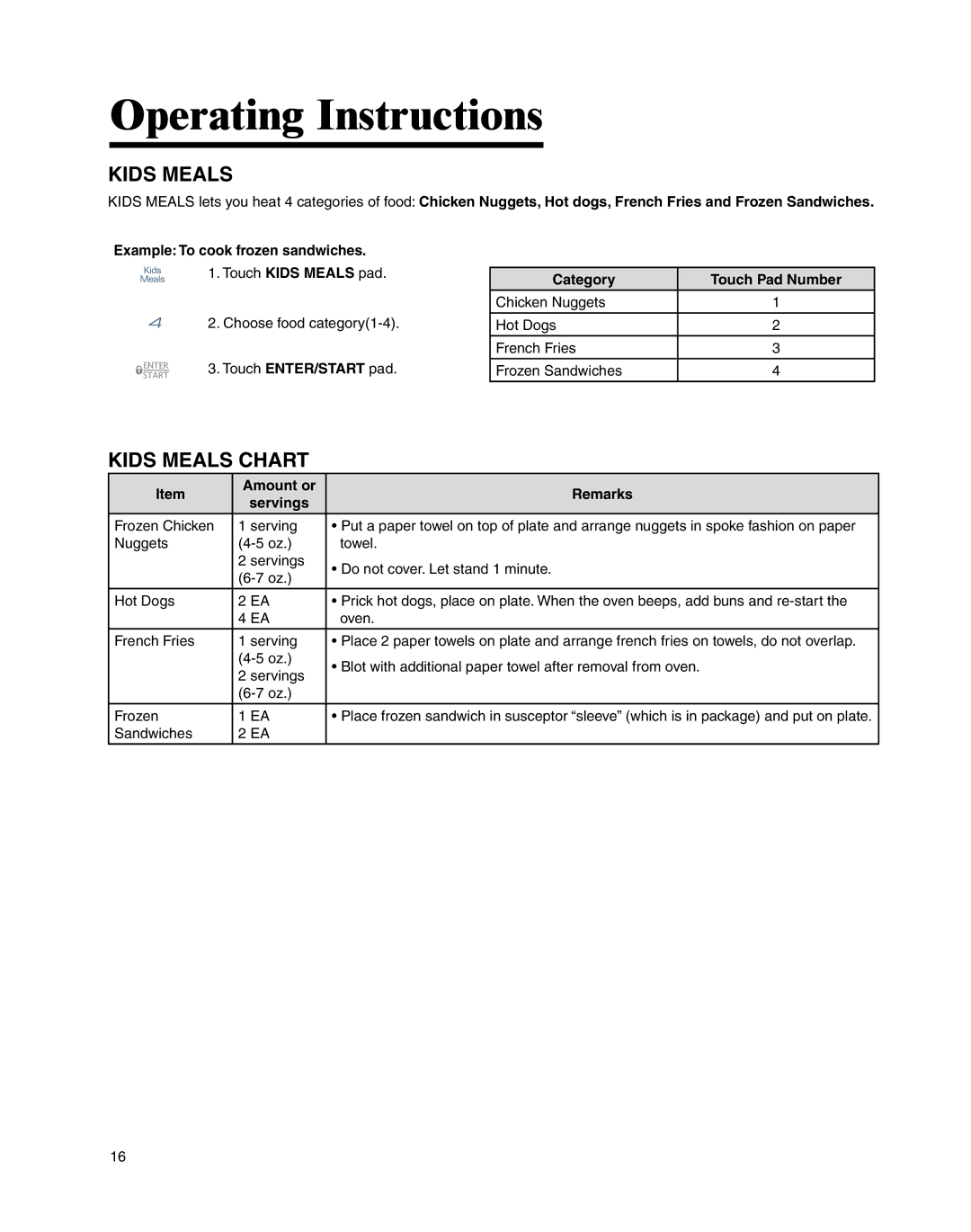 Whirlpool MMV4205BA Kids Meals Chart, Chicken Nuggets Hot Dogs French Fries Frozen Sandwiches 