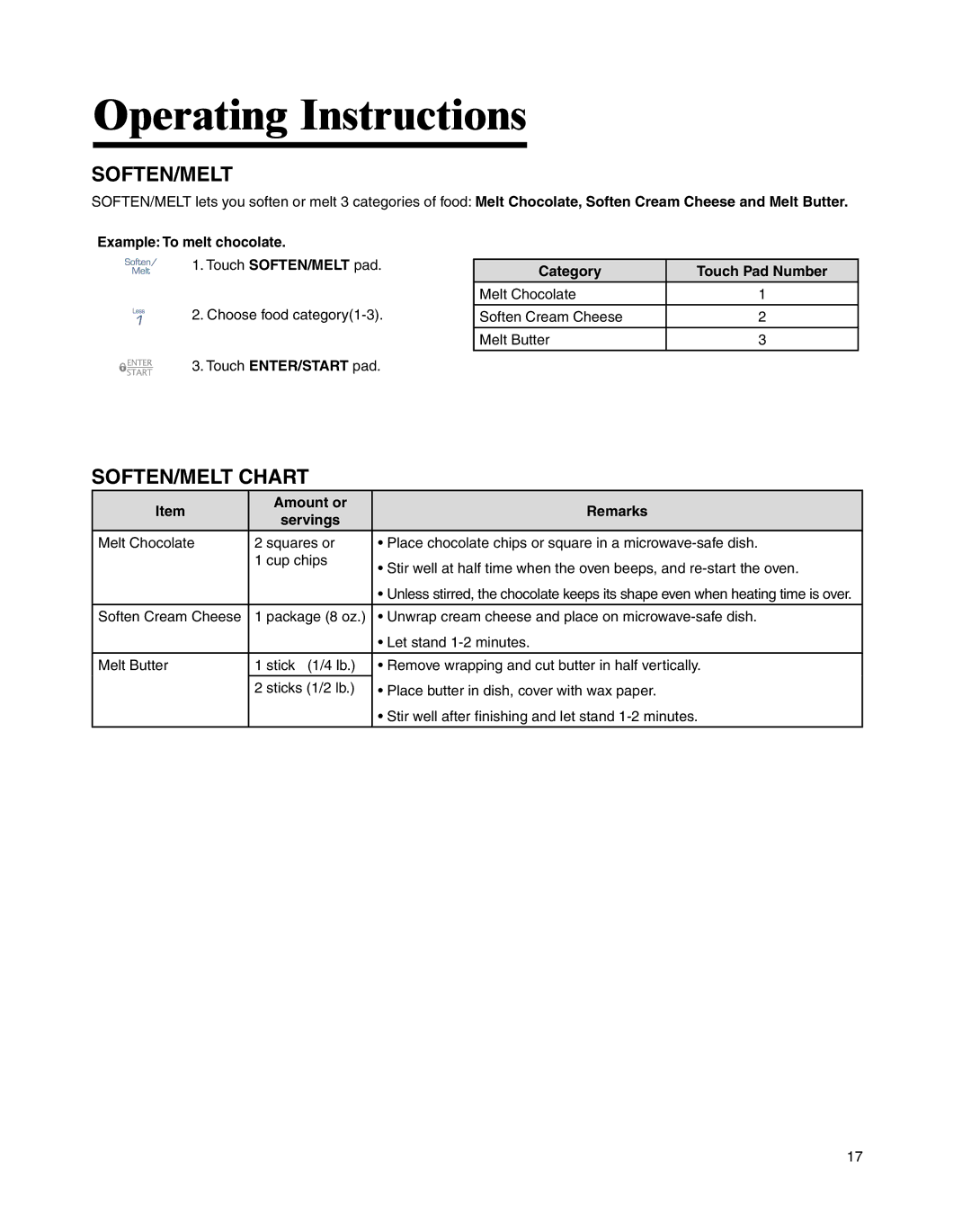 Whirlpool MMV4205BA important safety instructions Soften/Melt, SOFTEN/MELT Chart, Example To melt chocolate 