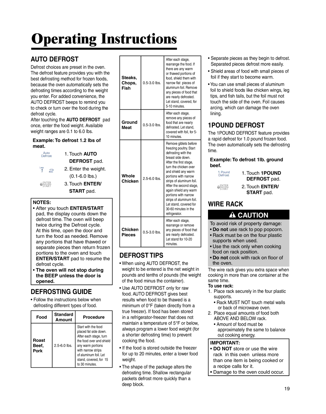 Whirlpool MMV4205BA important safety instructions Auto Defrost, Defrosting Guide, Defrost Tips, 1POUND Defrost, Wire Rack 